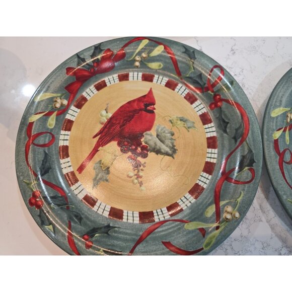 2pc Lenox Winter Greetings Everyday Dinner Plate 10.75" Cardinal Chickadee Stone - Picture 2 of 5